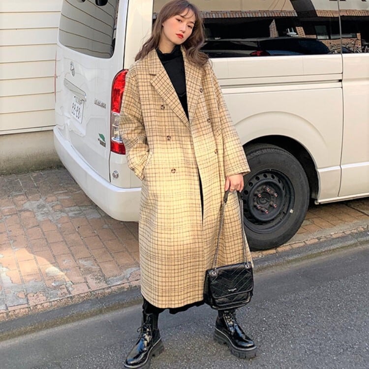 キレカジ レトロ チェック チェスターコート ロングコート 開襟 くすみイエロー きれいめ フェミニン カジュアル 大人女子 メンズっぽ おじカワ Lamitte Deco トレンド 韓国ファッション ショップ Base店