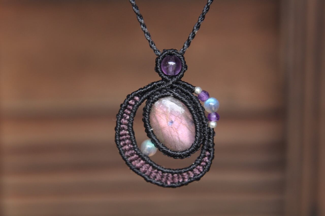 Purple Labradorite micro macrame moon pendant