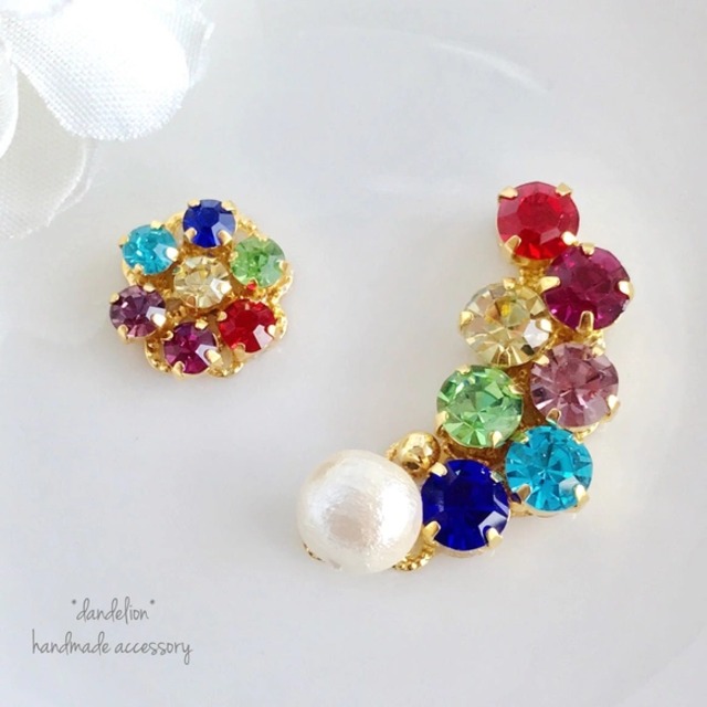 7色虹アミュレットイヤーカフピアスセット/イヤリング