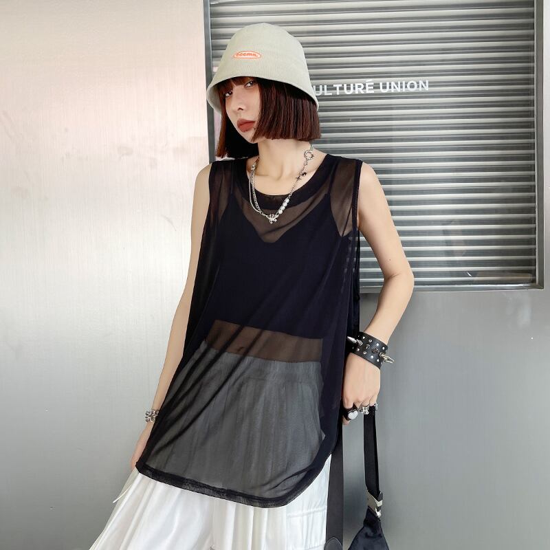 ブラックメッシュノースリーブTシャツ レディースサマールーズ薄手ブラウス 夏物 ラブタオタオダレンハウス22868299077