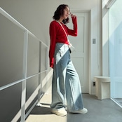 配色ラインリブknit/レッド