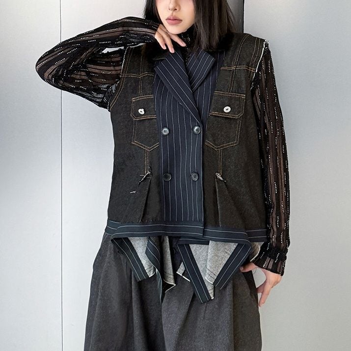 STRIPE STITCHED DOUBLE BREAST DENIM DESIGN VEST 2colors M-15514