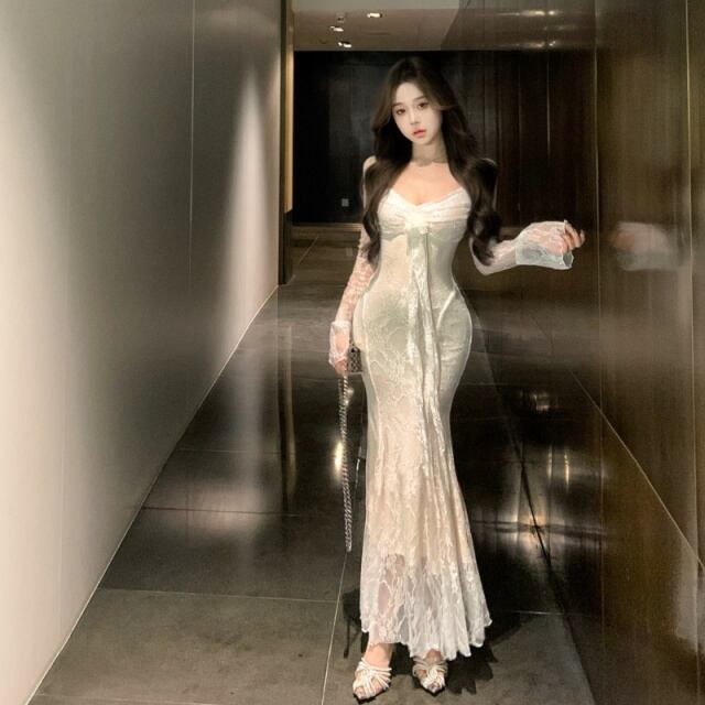 【予約販売】ワンピース レディース レース ホワイト ドレス ロングワンピ シアー 透け感 フェミニン こなれ感 ワンピ 大人可愛い エレガント おしゃれ 韓国 トレンド S/M