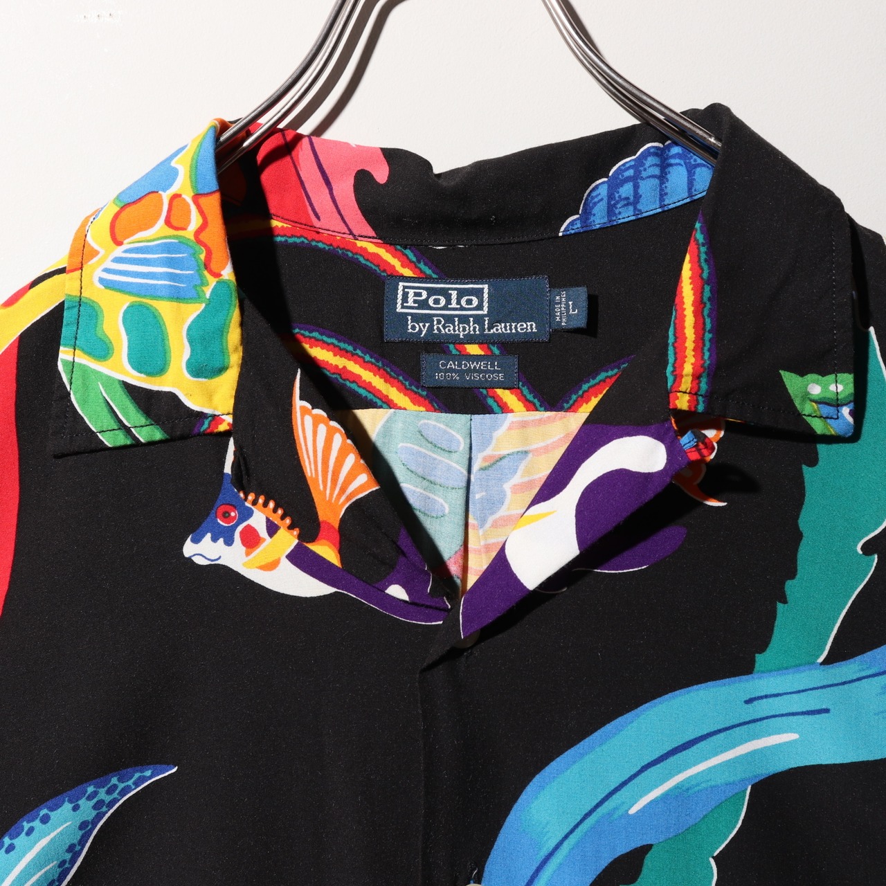 極美品 L 熱帯魚 レーヨン Caldwell ポロラルフローレン 半袖開襟シャツ Polo Ralph Lauren 総柄 ブラック 黒