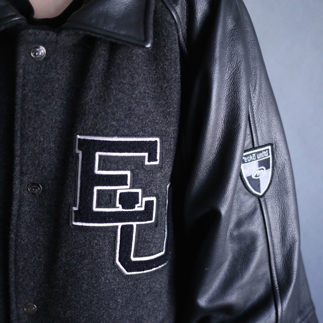 black leather switching front sleeve back wappen stadium blouson