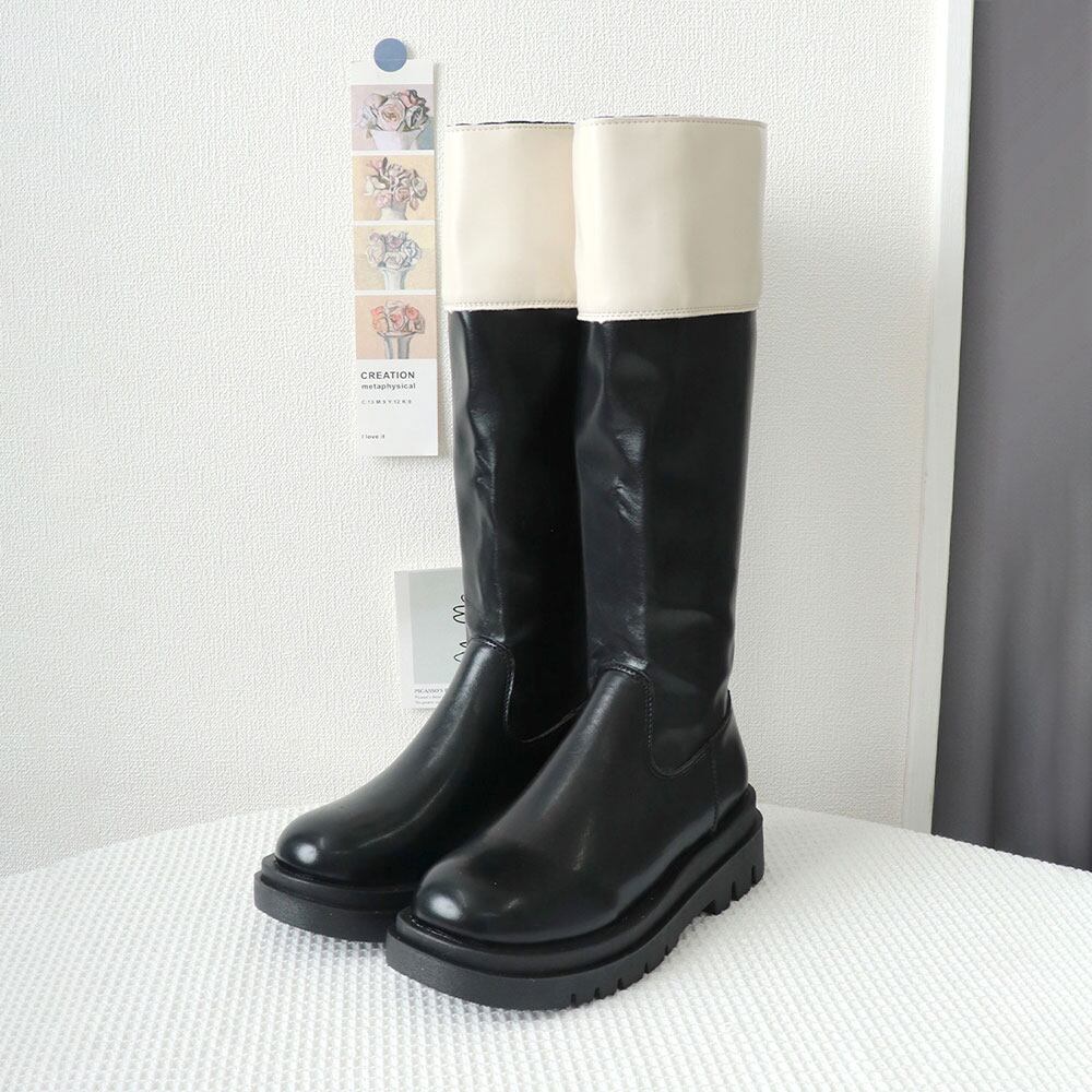 ジョッキーブーツ レディース 秋冬 韓国 厚底 PUレザー ロングブーツ 大人 きれいめ シンプル 通勤 太ヒール 歩きやすい 履きやすい 大人可愛い 大人女子