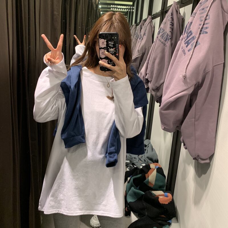 スプリングルーズ長袖スリーブシャツ トップス ホワイトTシャツ レディース ロング 春物 試着室54598691927