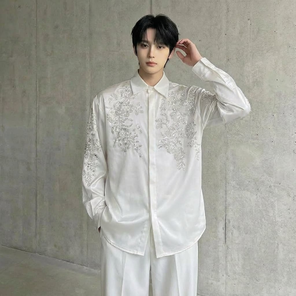 フラワーモチーフ刺繍 比翼仕立てシャツ 2カラー D11472