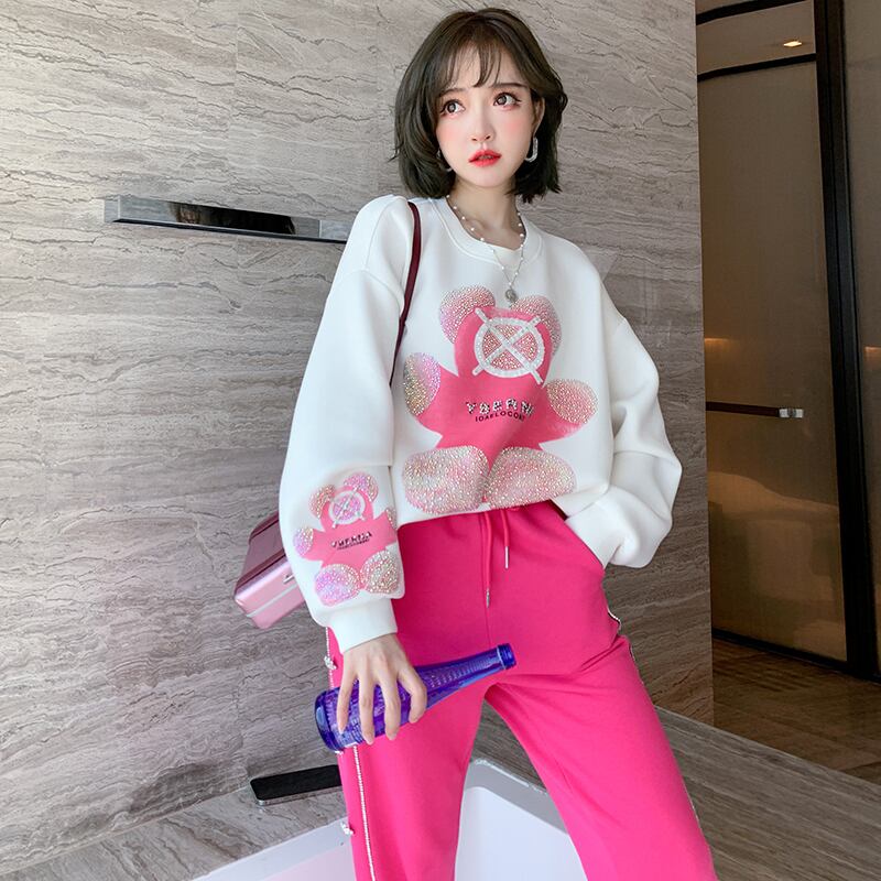 ラインストーンプリント柄ラウンドネックルーズセーター スプリング 春物 Oネック MIUCO1971926731