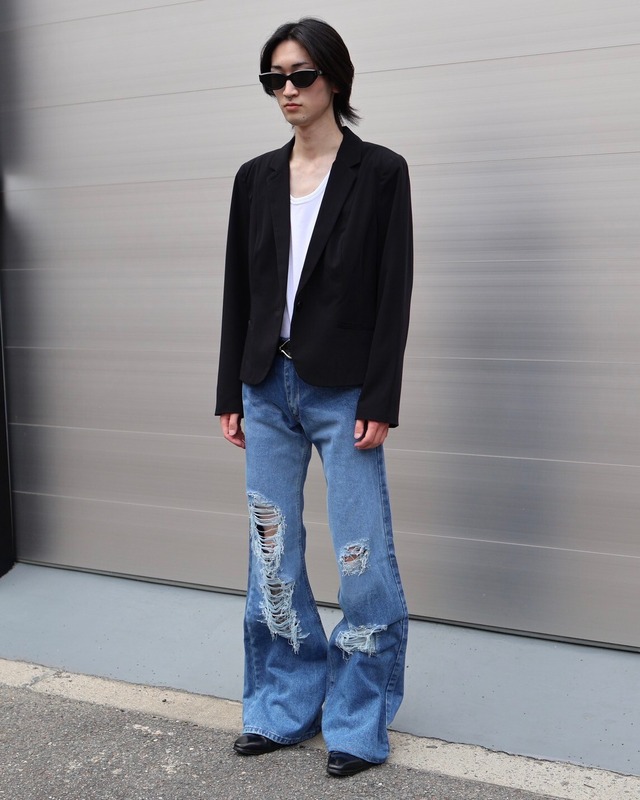 destroy damage wide flare denim