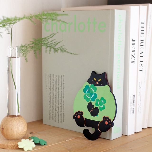 四つ葉の幸せねこ〈緑〉｜猫雑貨・木製コースター・ウッドプレート