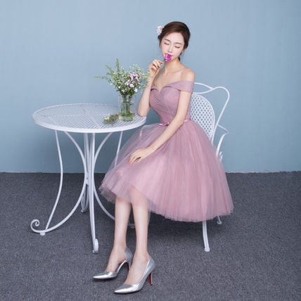 くすみピンク オフショルダーチュールパーティードレス 結婚式 | BIANKA
