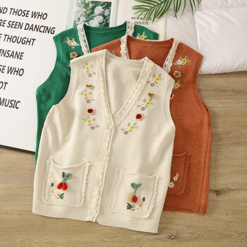 】花柄刺繍&チェリーモチーフ レース縁取り ニットベスト 3color fu0969