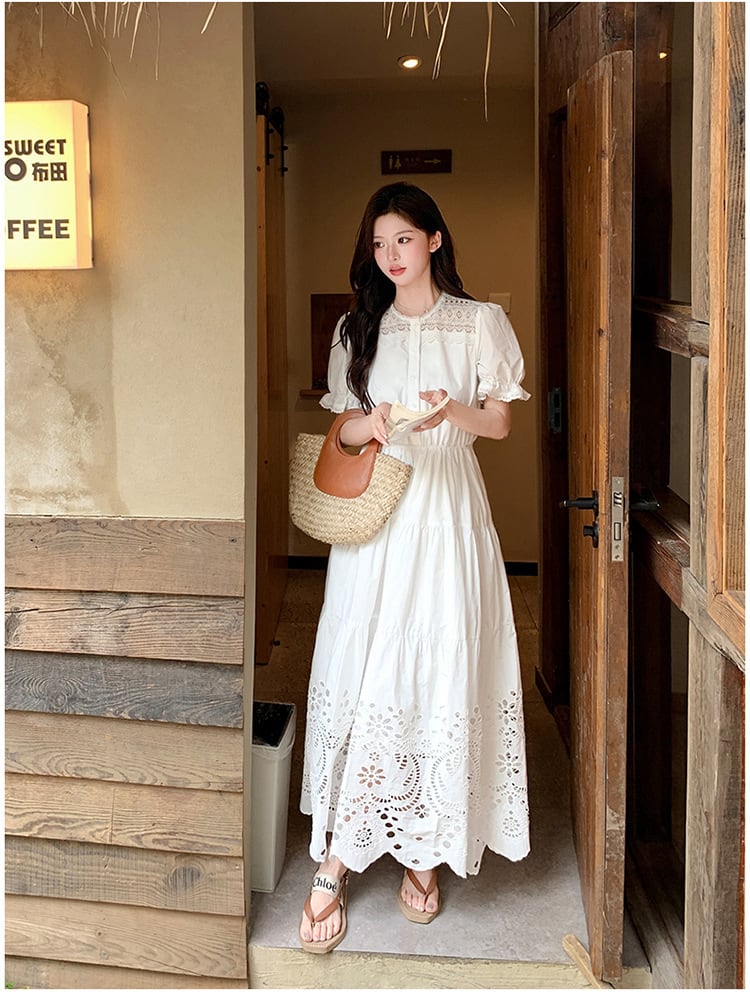 dress】カットワークパフスリーブワンピース M32410 | nanastyle