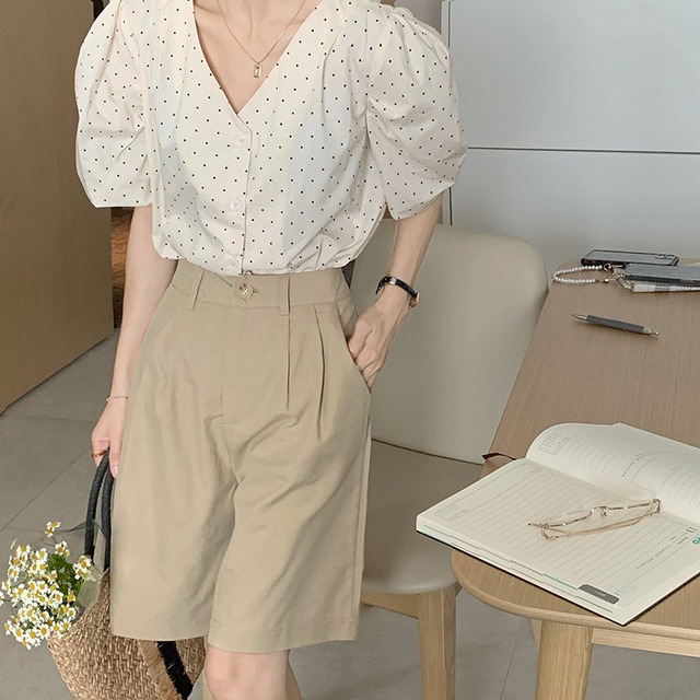 ドット柄パフスリーブシャツ　A0853