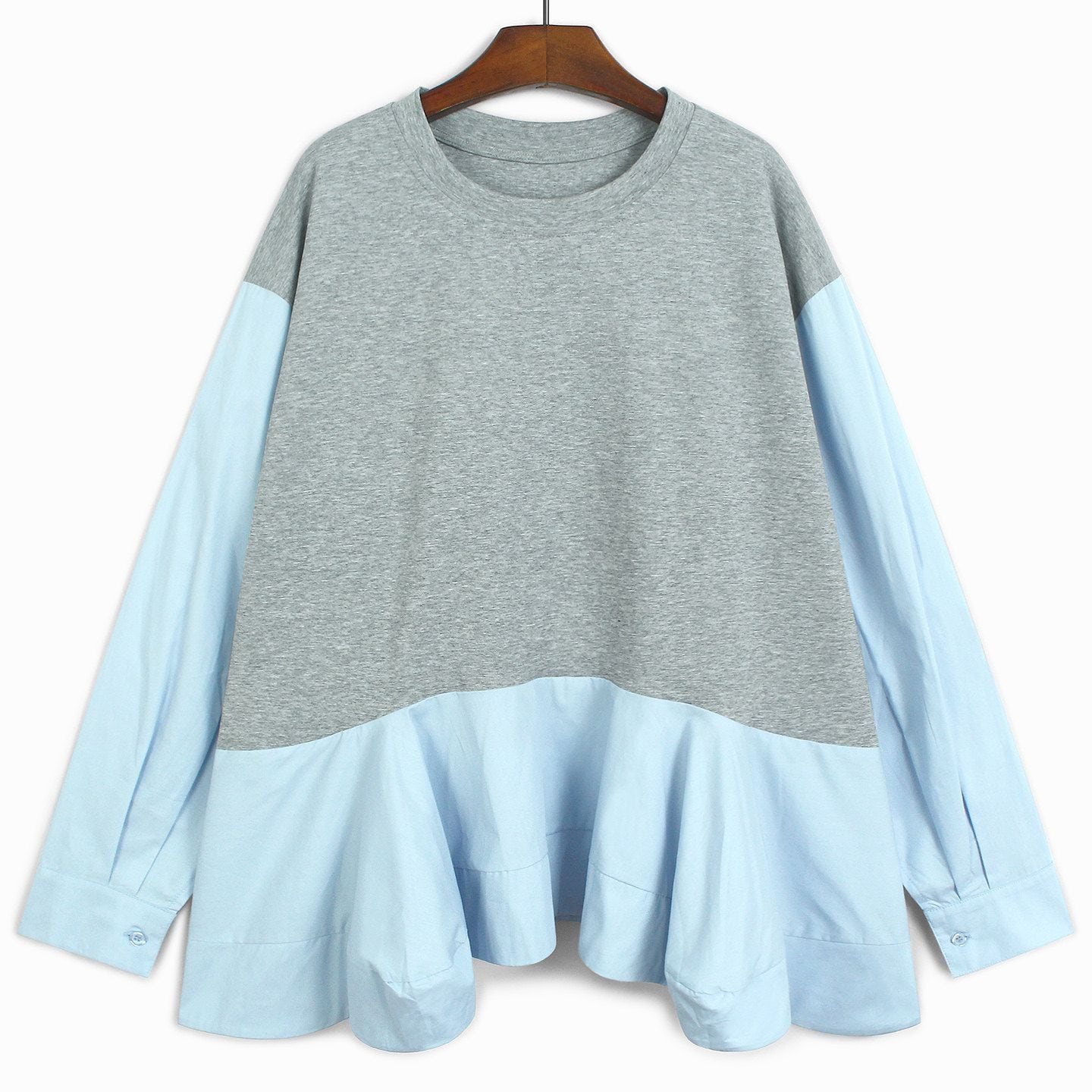 RUFFLED HEM CONTRAST RELAXED LONG SLEEVE SHIRT M-18788