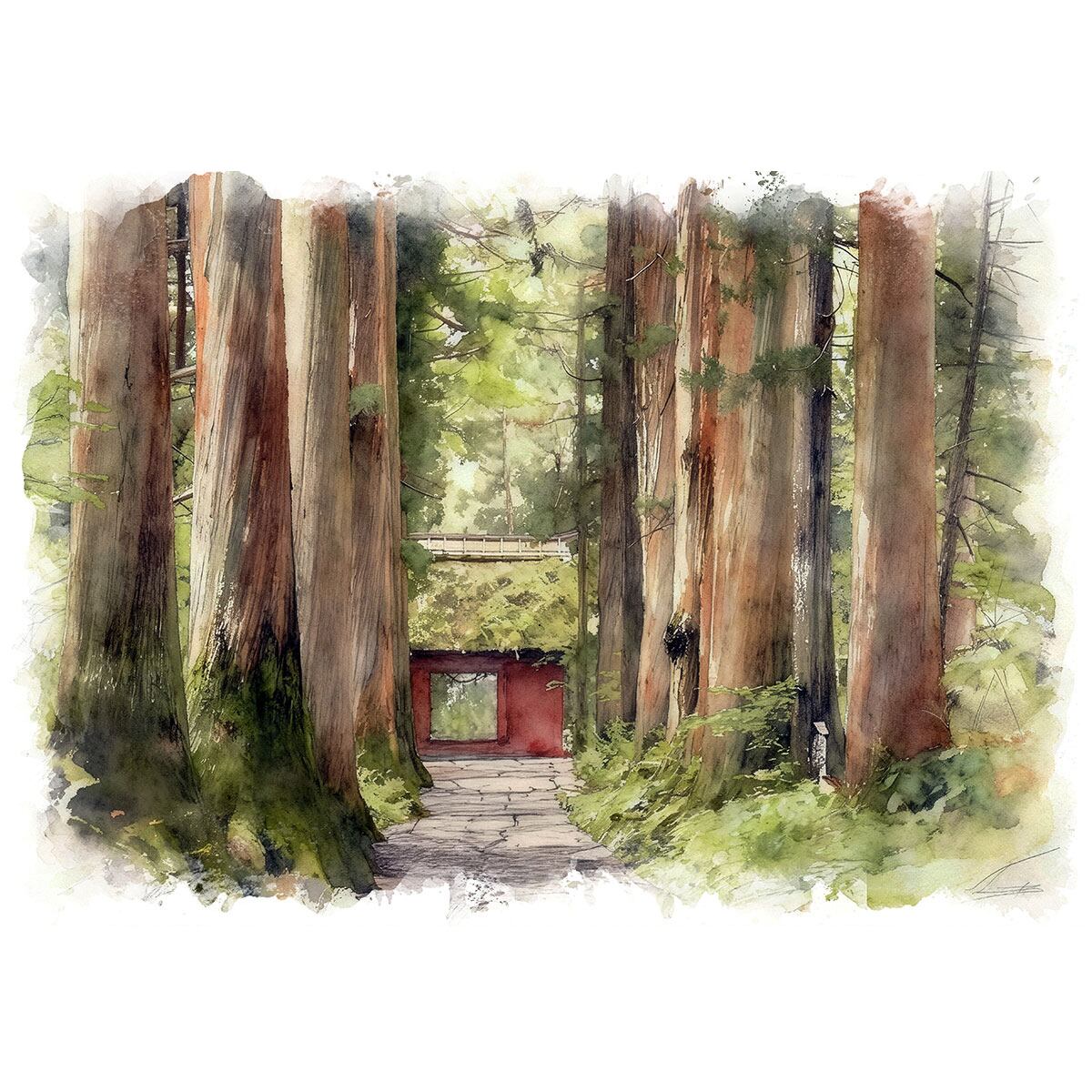 絵画(風景画) 日本 長野県 戸隠神社 インテリアアート額付き 水彩画