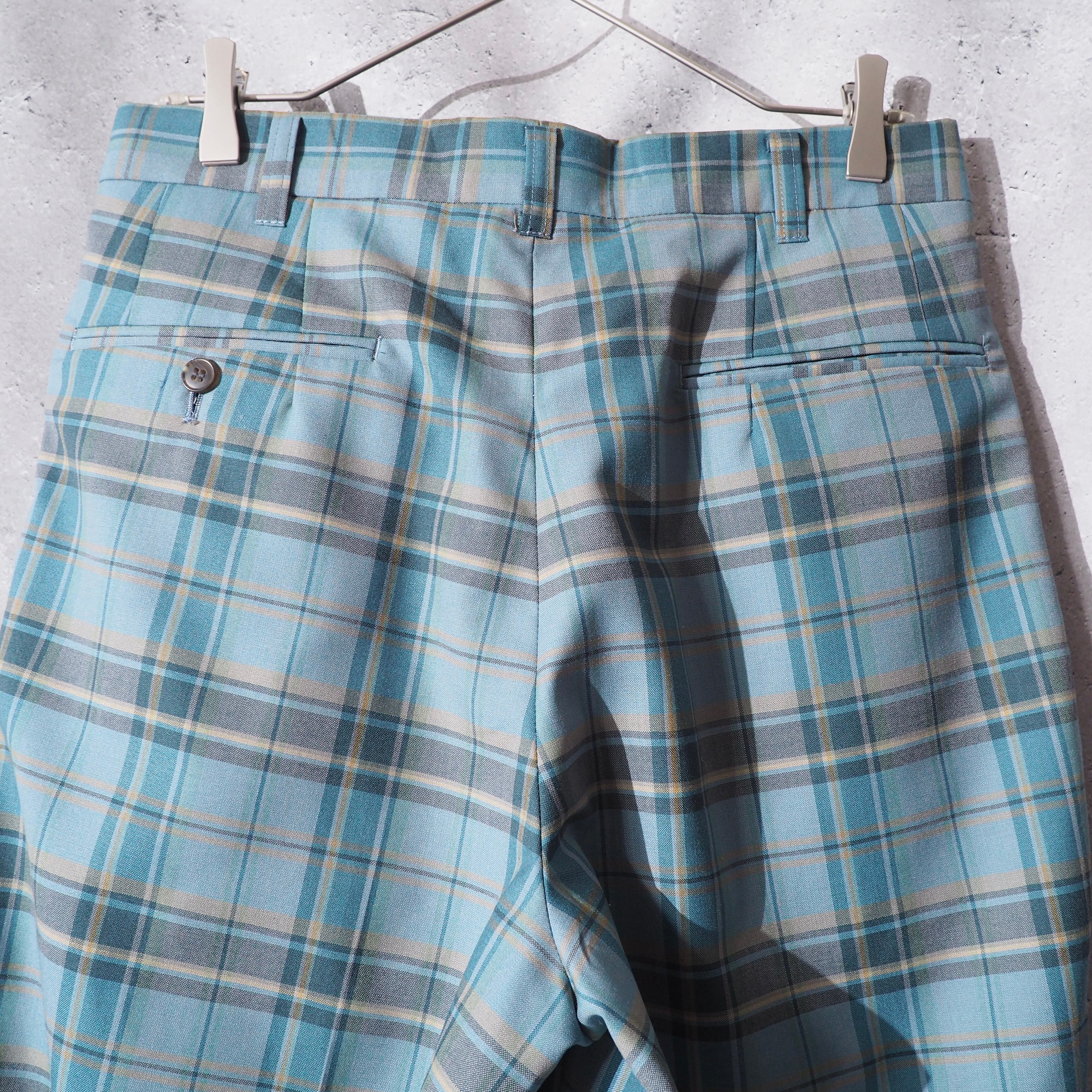 1990s Beautiful Ice Blue Check Color Vintage Loose Wide Slacks Pants