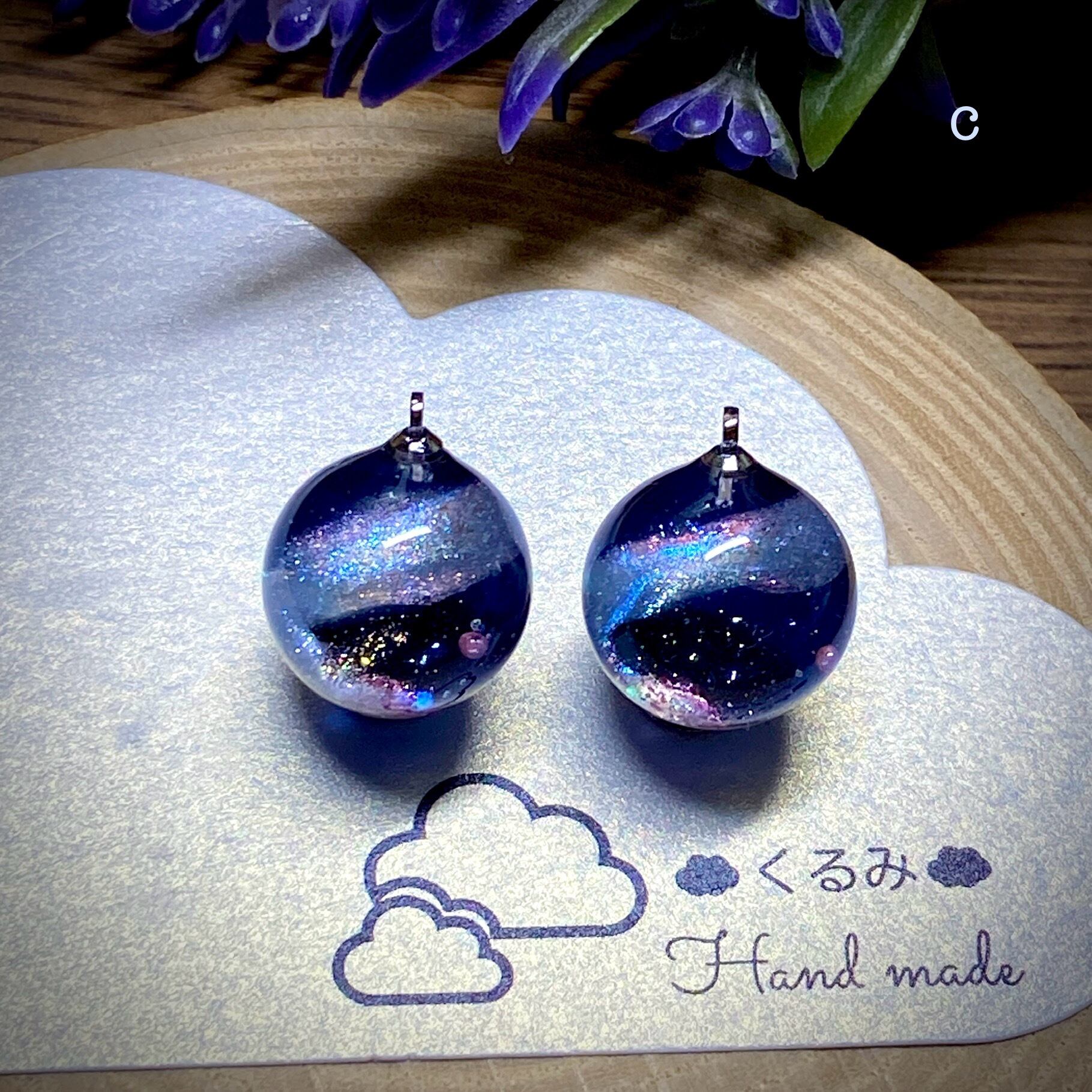 レジンピアス イヤリング 銀河 天の川 まん丸 14mm c