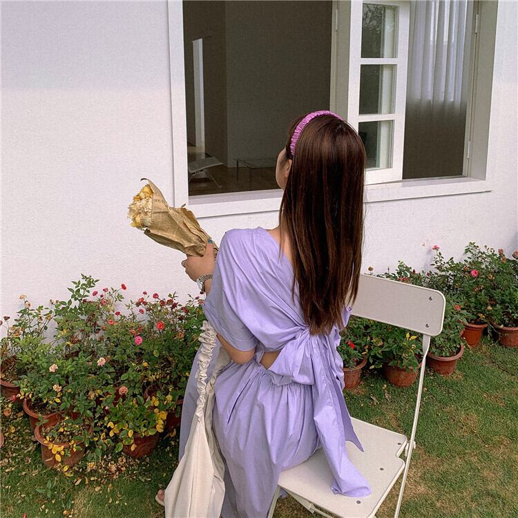 全3色 ワンピース 背中開き リボン 無地 2WAY ウエストゴム ロング