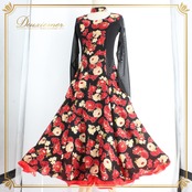 社交ダンス 衣装 prima boutique プリマブティック ドレス スタンダード ブラック系 レッド系 ベージュ系 赤 黒 チョーカー 長袖 レース 花柄 薔薇 バラ キラキラ ラインストーン スタンダードドレス ワンピース パーティドレス ダンスパーティー ステージ衣装 舞台衣装 発表会 付属 透け感 バラ柄 刺繍風 光る 装飾 上品 エレガント ボールルーム 発表会用 演奏会衣装 ロングスリーブ 袖あり フラワーレース