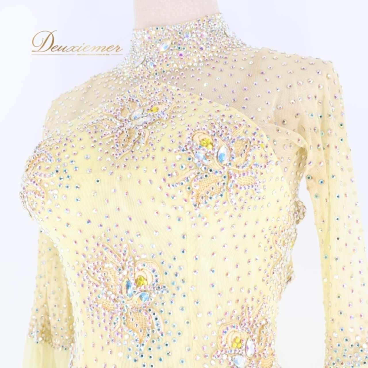 社交ダンス 衣装 スタンダードレス ワンピース ドレス スタンダード 黄色 レース デモ 競技 ダンス パーティ 発表会 綺麗 上品 明るい レモンカラー イエロー系 明るい黄色 フレアスカート 上品デザイン 女性用 ドレススタイル おしゃれ ショーダンスパフォーマンス 競技用衣装