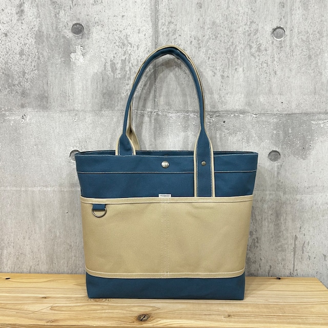 Bi Color Tote "L" / 内ポケット×5付 【レインブルー×グレーベージュ】