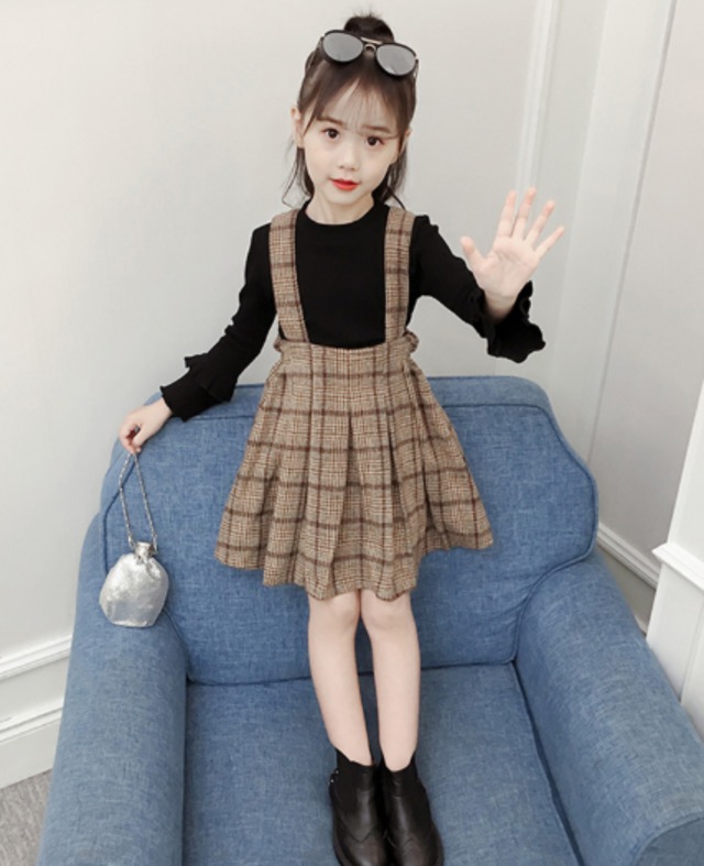 【バックスタイルもかわいい☆ワンピースセットアップ】 子供服 セットアップ ワンピース トップス 2点セット リボン リブ ジャンパー スカート フレア プリーツ 長袖 チェック 110-160cm　発表会 結婚式 普段着 入園入学 卒園卒業 春 秋 送料無料