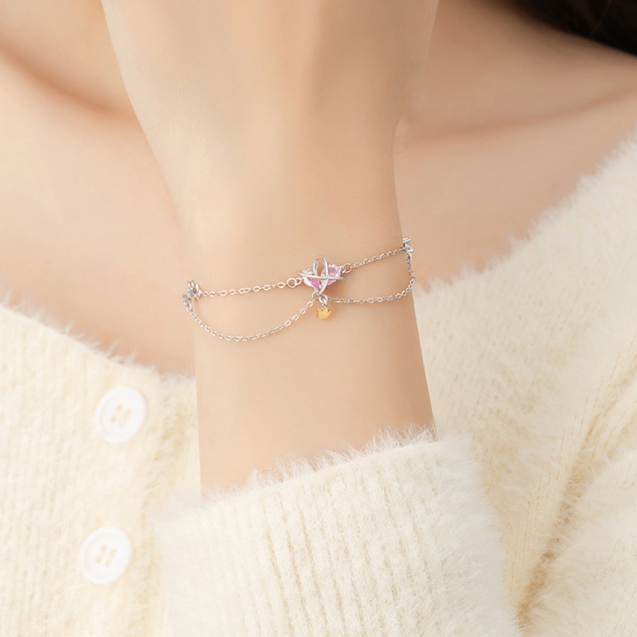 おしゃれ ピンク ハート 王冠 シルバー ブレスレット[102] - 5