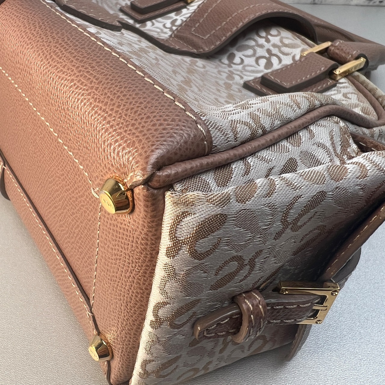 LOEWE ボーリングバッグ キャンバス×レザー ハンドバッグ ベージュ A-10192