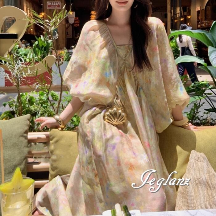 プリント ワンピース ボリューム袖 ルーズフィット 7分袖 韓国(MB841)ζ☆