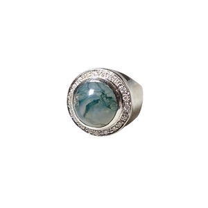 vintage 9ct white gold Moss Agate ring surrounded by Diamonds