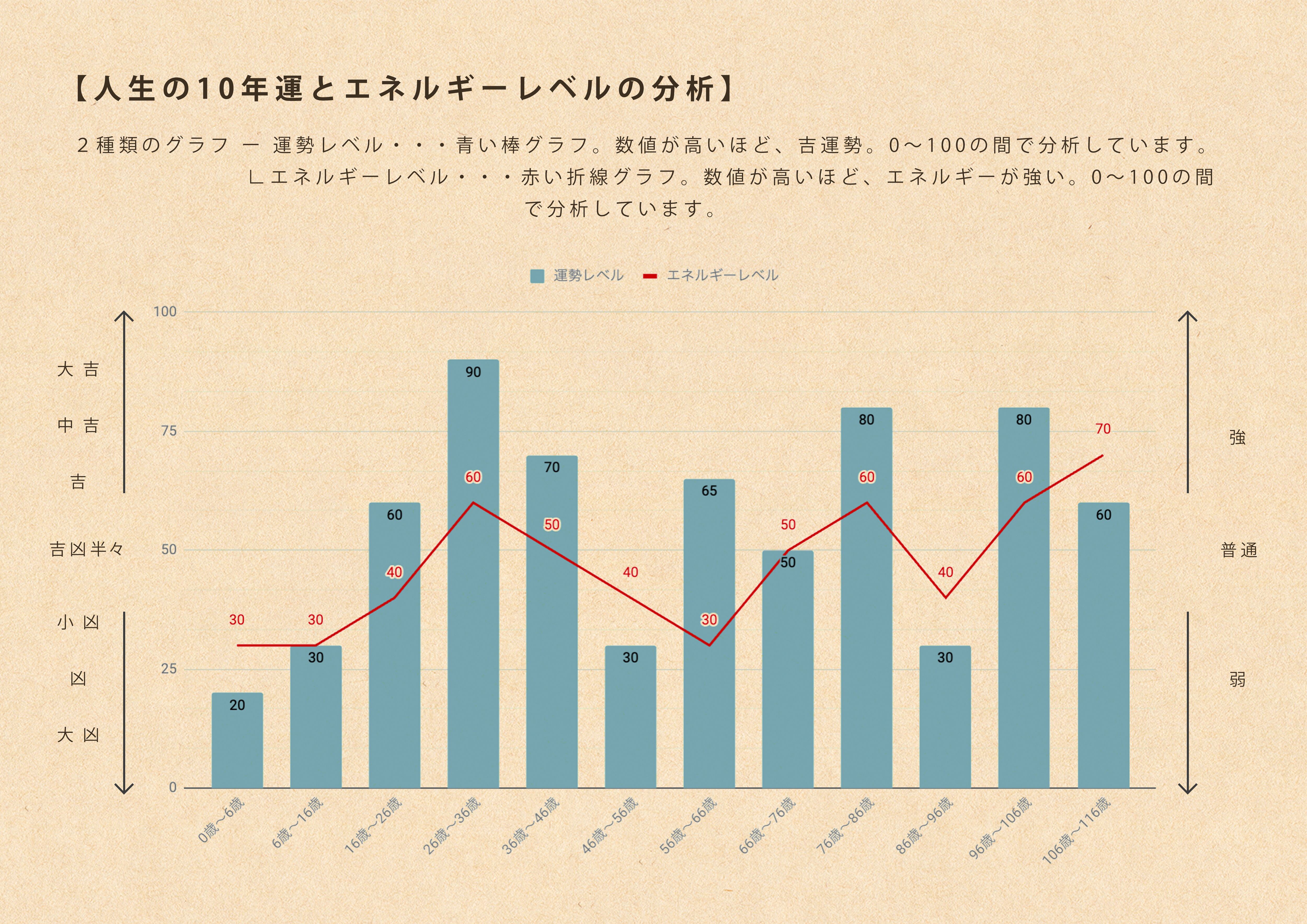 極秘資料】『人生、10年運の流れ（人生グラフ）』（PDFデータ／四柱