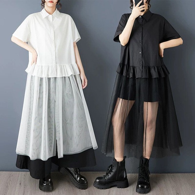 SOLID MESH SKIRT HALF SLEEVES A-LINE MIDI SHIRT DRESS 2colors M-16714