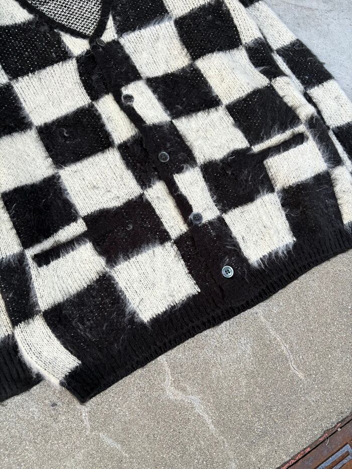 モヘアタッチ ニットカーディガン チェッカー柄 チェック柄 白黒 ユニバード72 ニットカーディガン チェック柄 チェッカー柄 モヘアタッチ モヘア調