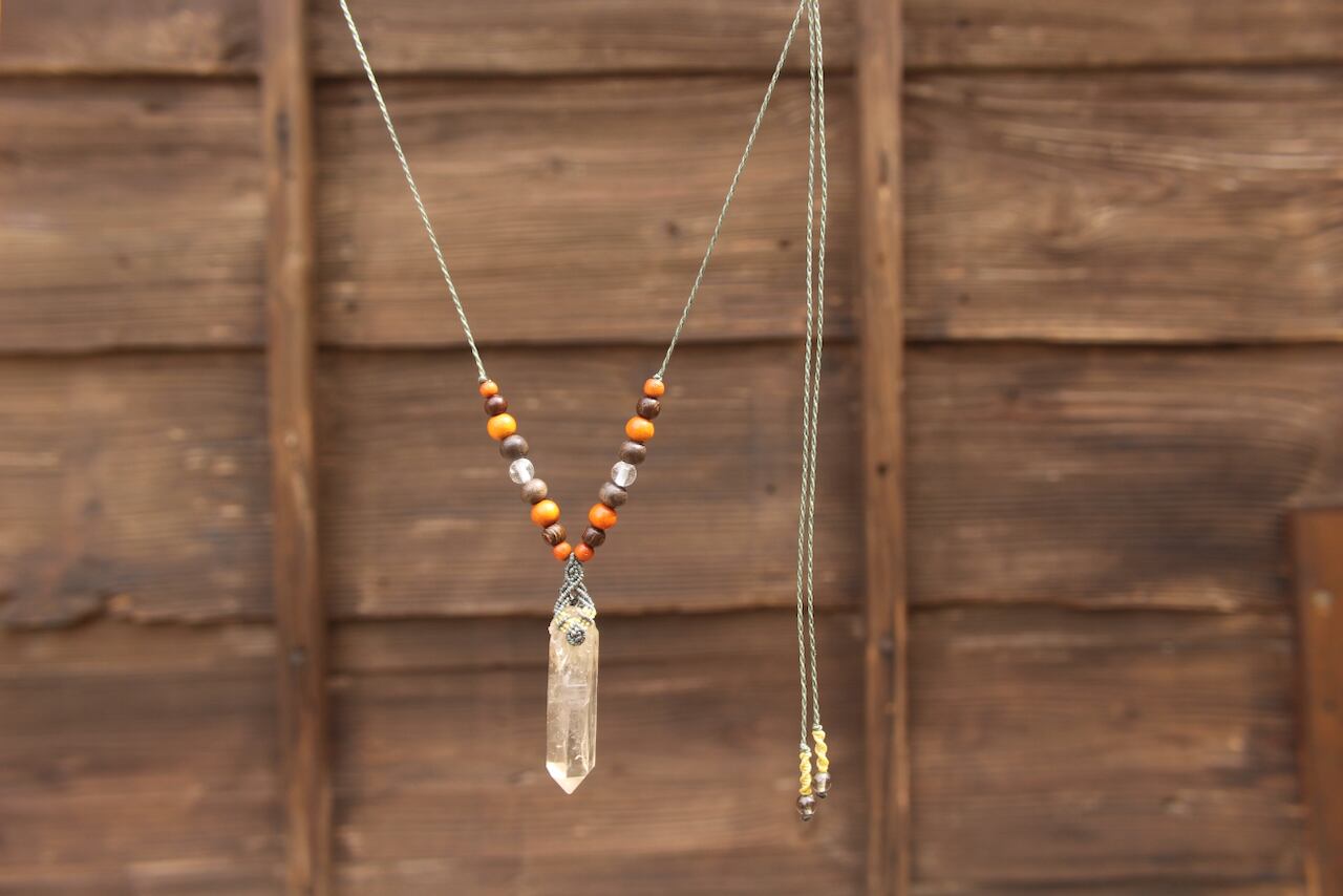 Himalayan crystal micro macrame wood pendant