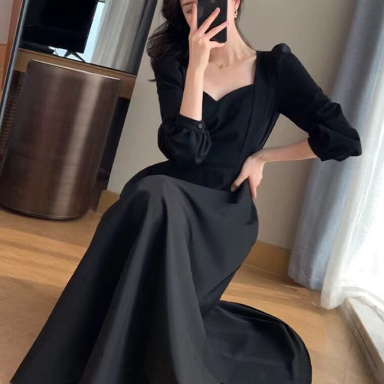 【新作】【送料無料】 プラスサイズの女性のフレンチ V ネックヘップバーン スタイルの長袖ドレス太った女の子スリム痩身 A ライン底ロングスカート 0232036977222