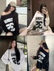 秋韓国可愛い風トップス Tシャツ ファッション系 長袖 プリント ルーズ サイド ペイントシルエットゆったり丈 レディースサイズ韓国Vネック おしゃれ カジュアル メンズライク T