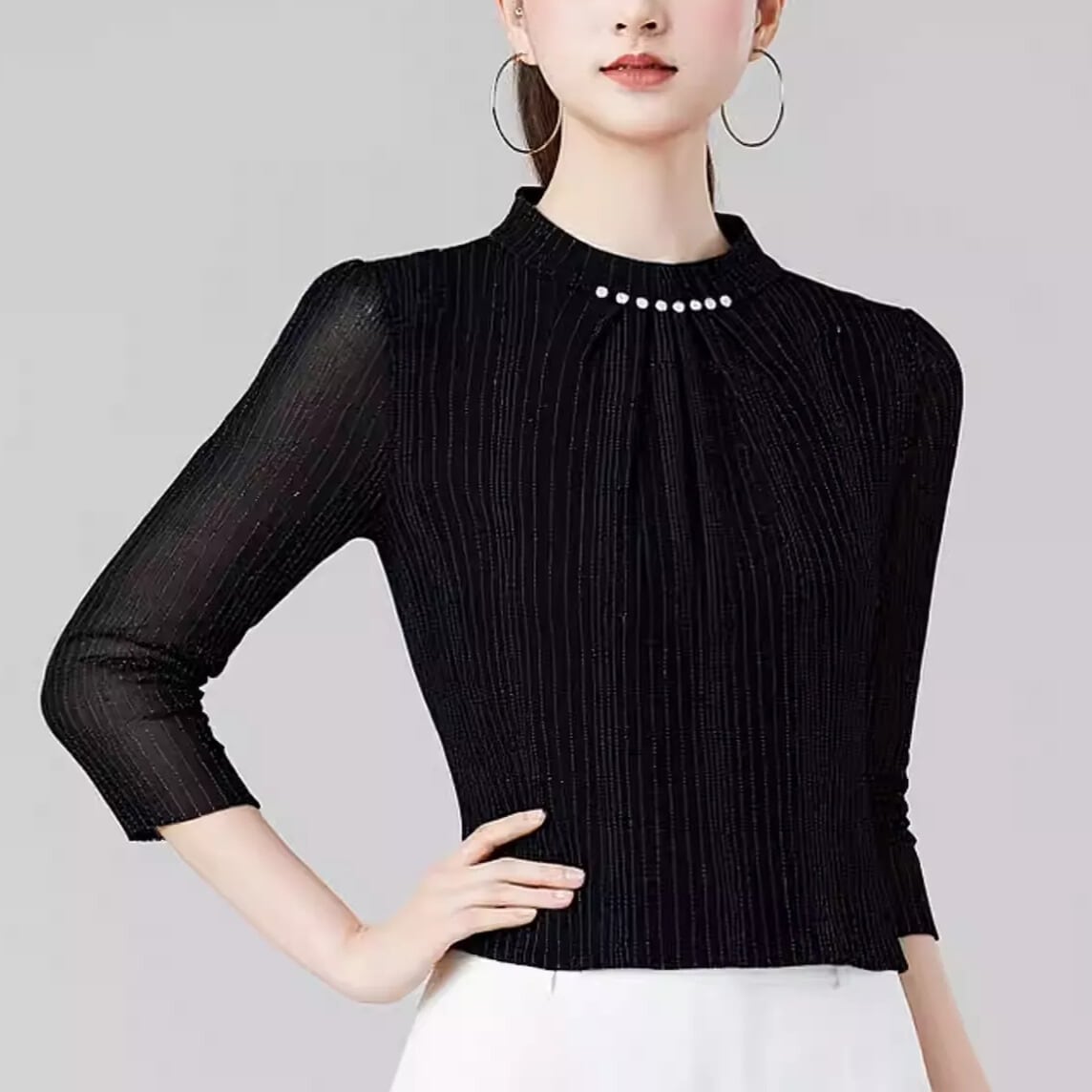 パールディテール モックネック スリム ダンスカットソー ds1132