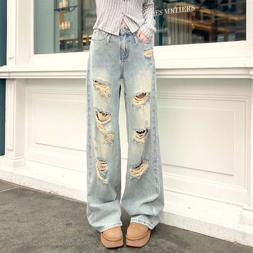 ハイウエストダメージ加工デニムパンツ    00090