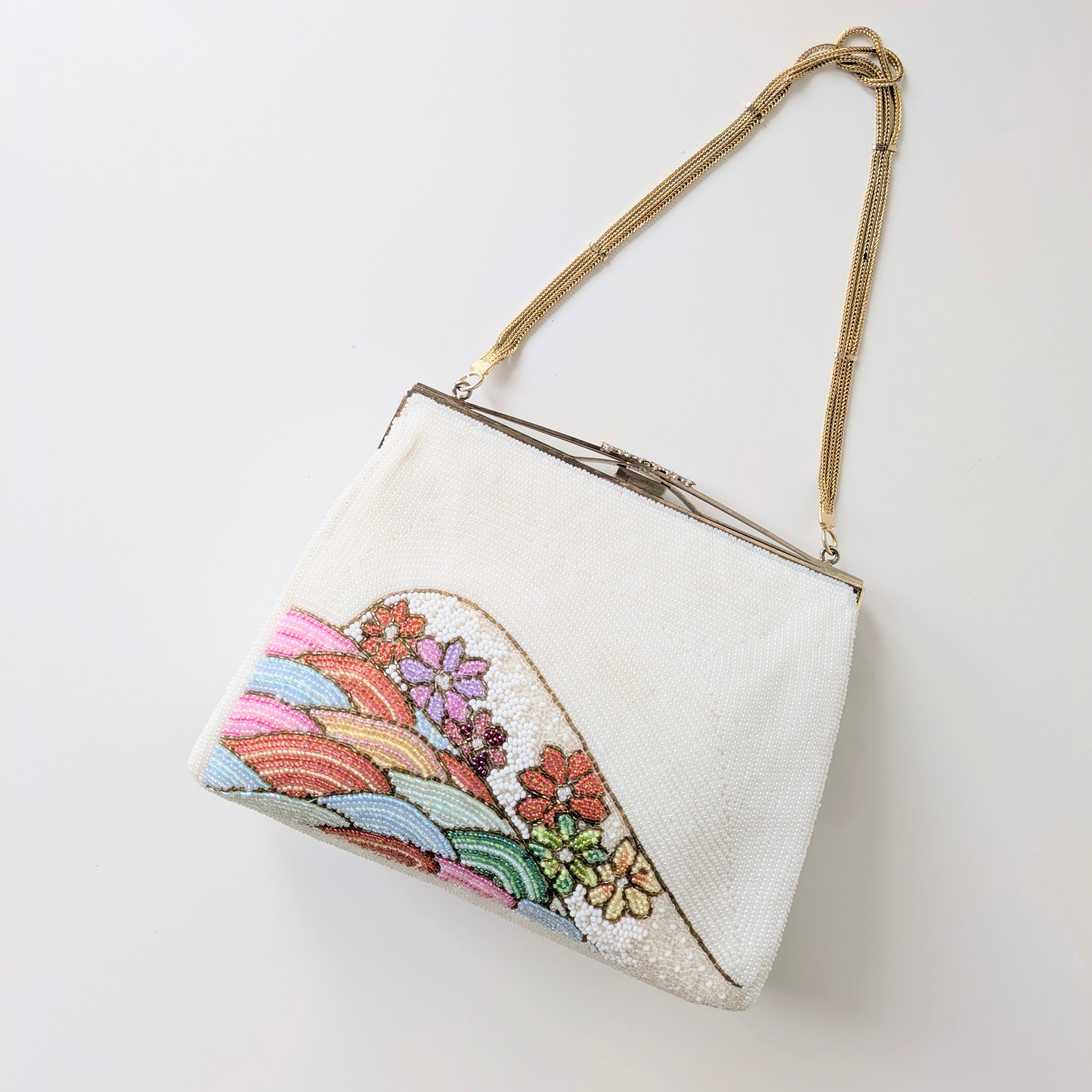 Vintage】ビーズ刺繍バッグ 白 吉祥風景柄 和柄 パーティーバッグ