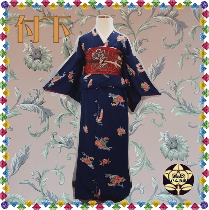 付下】藍色に紅型百花模様の着物 | ひふみ屋
