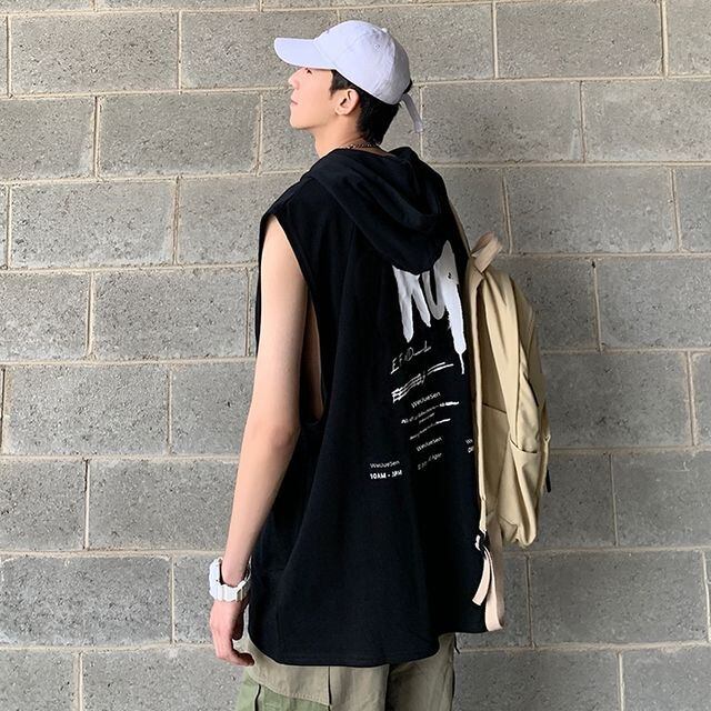 【予約販売】 トップス タンクトップ パーカー メンズ スエット生地 オーバーサイズ バックロゴ ブラック グレー ブルー ブラック ゆったり  カジュアル こなれ感 お洒落 韓国 トレンド 春 夏 M/L/XL/2XL | favoriteselect powered by BASE