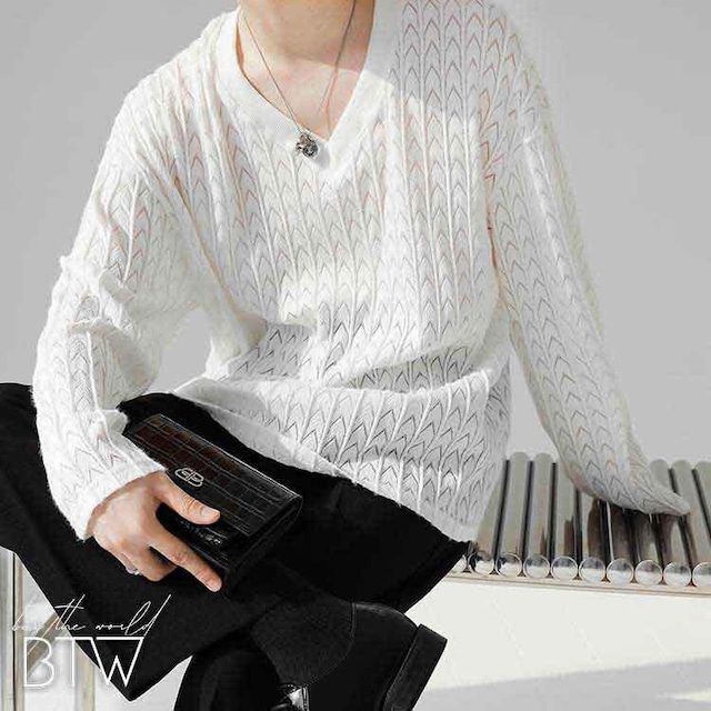 【韓国メンズファッション】透かし編みVネック長袖トップス きれいめ モノトーン ユニセックス BW2272