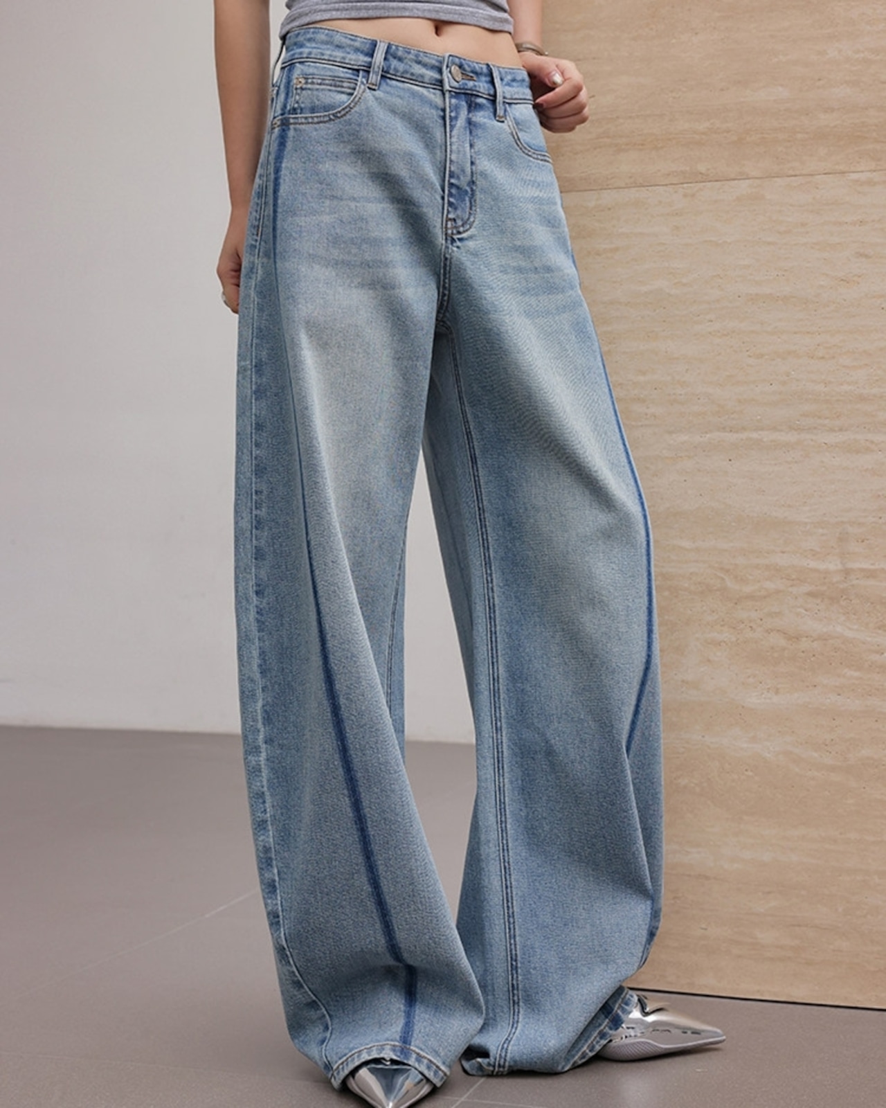 Colorblock wide leg denim pants L0174