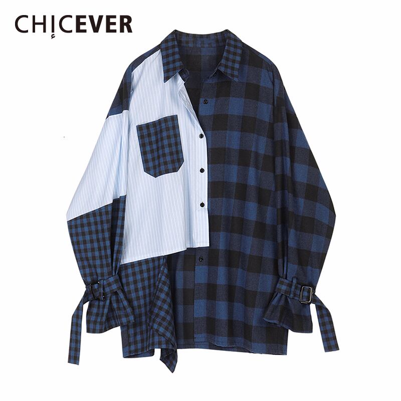 CHICEVERレディースブルーストライプチェック柄スプリットビッグサイズブラウスラペル長袖ルーズフィットシャツタイド2020年春秋 ロング スプリング 春物 オータム 秋物 6base514202237160