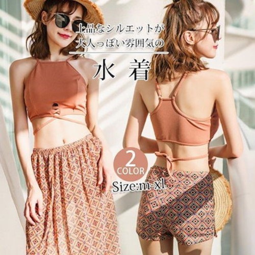 水着 レディース ビキニ ３点セット 体型カバー 上品 水着セット 無地 セパレート 着痩せ おしゃれ 大人 パッド付き タンキニ 温泉 大きいサイズ ママ水着