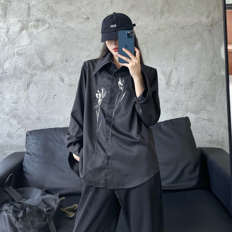 サブカル 服 地雷系 通販 長袖シャツ オーバーサイズ 花柄 闇かわいい 黒ゴス ゴシックバンギャ