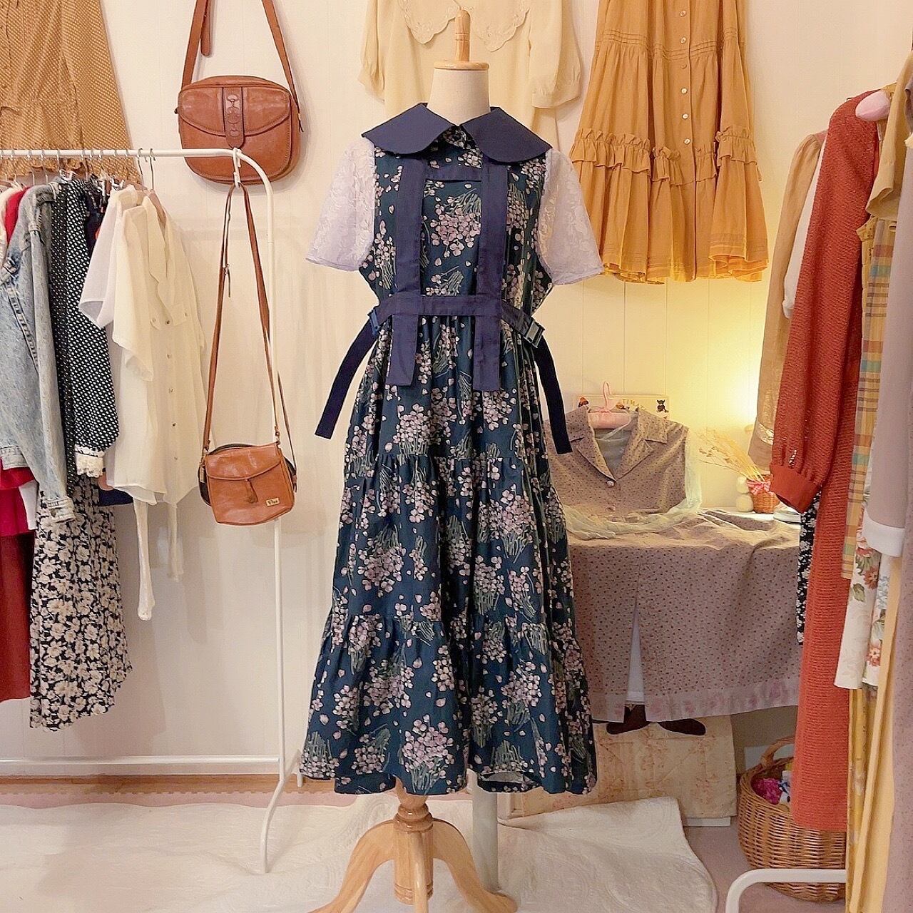 original item / attached flower harness one-piece , navy