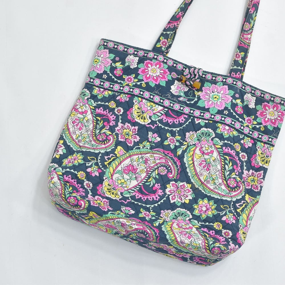 Vera Bradley ヴェラブラッドリー トートバッグ キルティング トグルボタン ボタニカル柄 ペイズリー柄 総柄 A4収納可能 ネイビー マルチカラー USED ヴィンテージ ビンテージ 古着 レディース